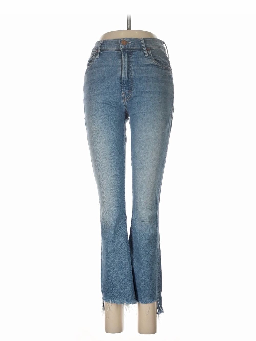 MOTHER Medium Blue High-Rise Flare Jeans with Raw Hem